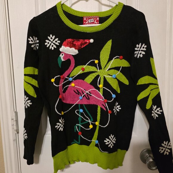 JEM Holiday Sweater Womens M Black Flamingo Sequin Santa Hat Ugly Christmas - Picture 1 of 4